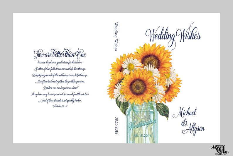 Sunflower Wedding Guest Book Rustic Mason Jar, Blue & Yellow, Traditional Personalized Wedding Wishes Book, Guest Sign In image 2