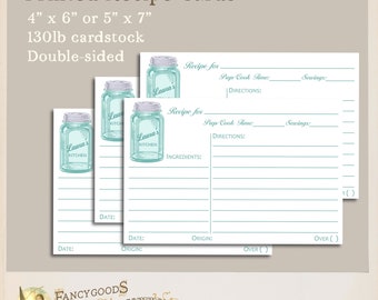 Vintage Mason Jar Printed Recipe Cards - Personalized Two Sided Card 4x6 or 5x7 - Kitchen Bridal Shower, Gift for Cook