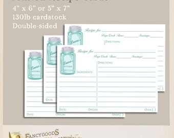 Vintage Mason Jar Printed Recipe Cards - Personalized Two Sided Card 4x6 or 5x7