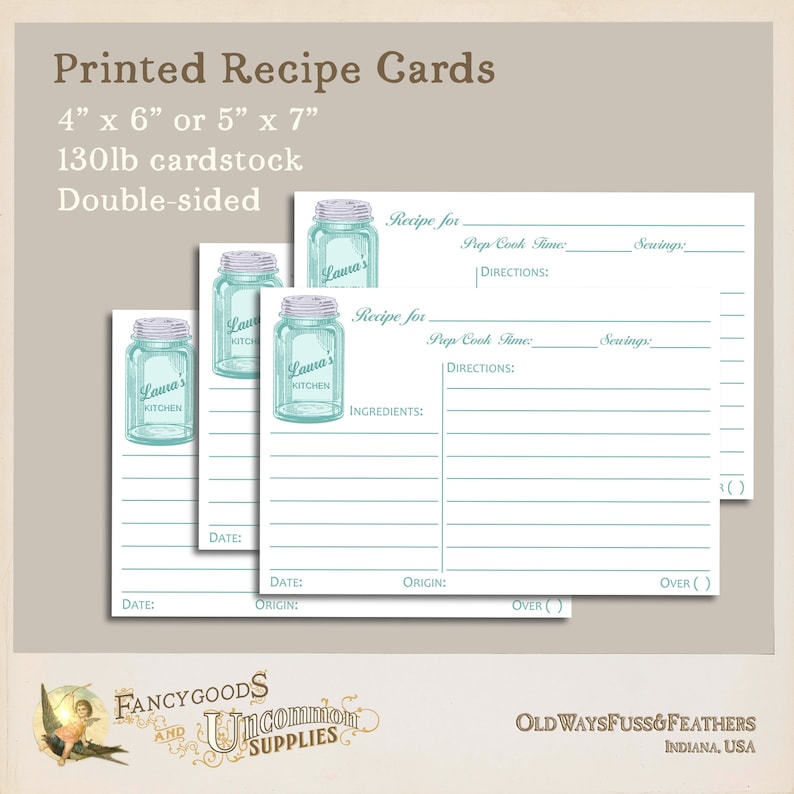 printed recipe cards personalized antique vintage canning mason jar blue green white fine stationery 4x6 5x7