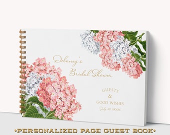 Pink Hydrangea Bridal Shower Guest Book - Vintage Flowers - Custom Pages - Guest Messages, Gift List, Photos - Lay Flat Hardcover Ring Bound