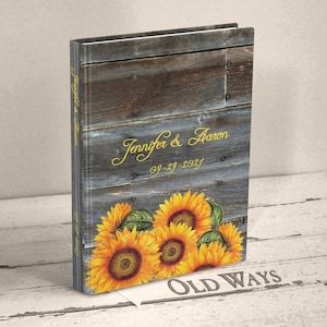 Rustic Wedding Guest Book with Sunflowers and Wood - A Traditional Personalized Guestbook - Outdoor, Country, Farm Wedding Guest Book