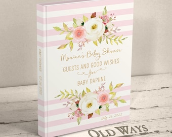 Pink and Cream Baby Shower Guest Book - Personalized Floral Baby Girl Shower Book - Stripes, Flowers