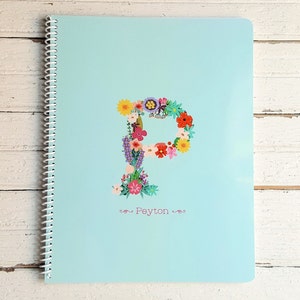 personalized spiral notebook floral monogram initial name aqua white colorful flowers lined pages blank pages