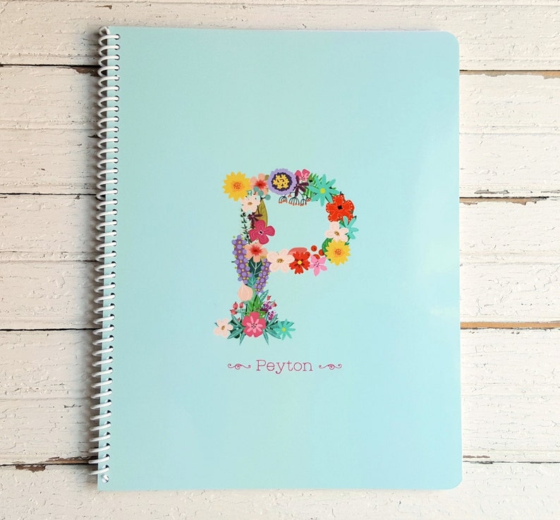 personalized spiral notebook floral monogram initial name aqua white colorful flowers lined pages blank pages