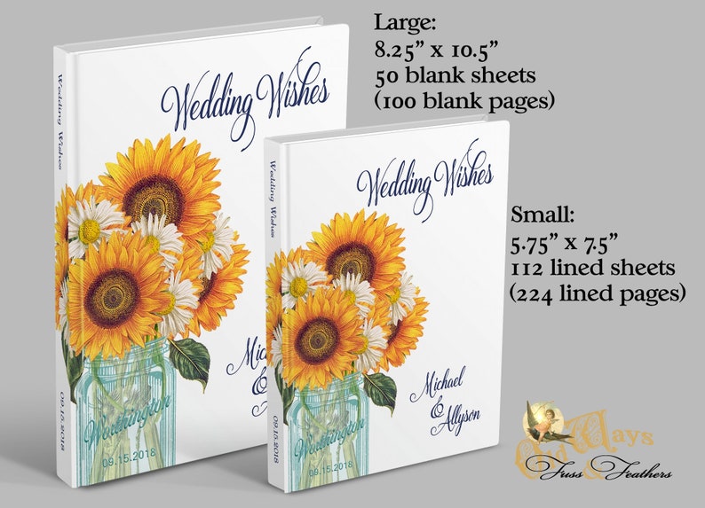 Sunflower Wedding Guest Book Rustic Mason Jar, Blue & Yellow, Traditional Personalized Wedding Wishes Book, Guest Sign In image 3