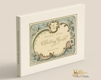 Personalized Wedding Guest Book in Ivory & Sage - Elegant Antique Design - Photo Option
