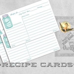 printed recipe cards personalized antique vintage canning mason jar blue green white fine stationery 4x6 5x7