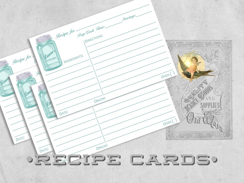 printed recipe cards personalized antique vintage canning mason jar blue green white fine stationery 4x6 5x7