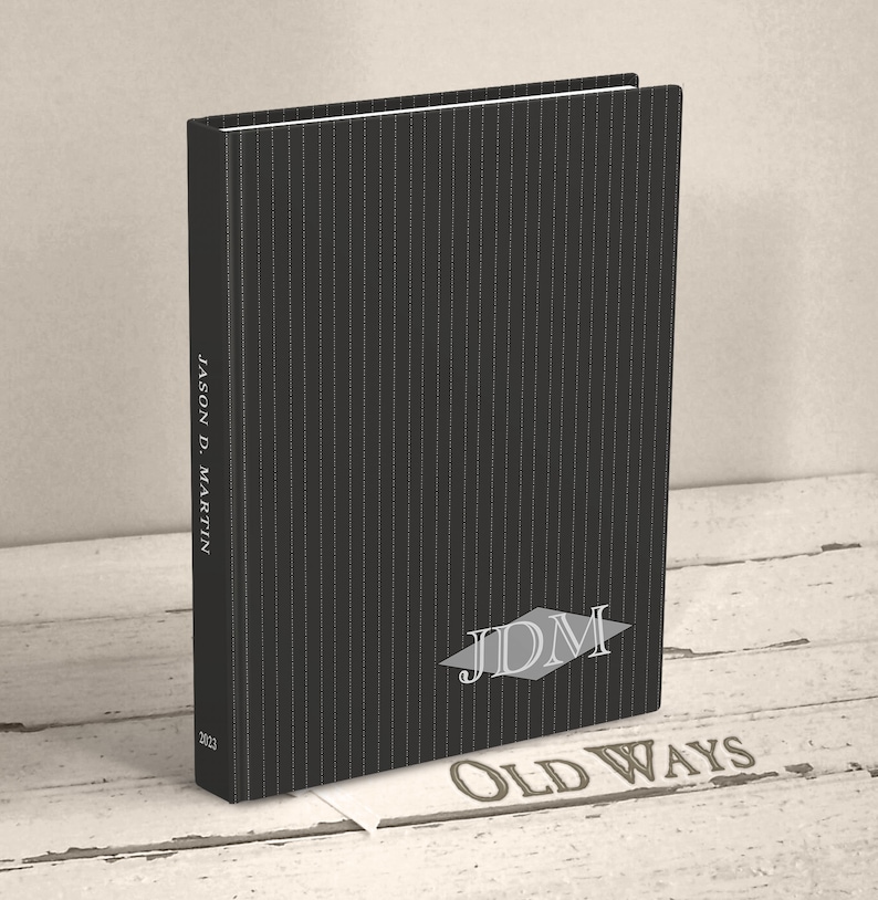 hardcover lined writing journal men black grey pinstripe three letter monogram initials mid-century modern retro vintage design