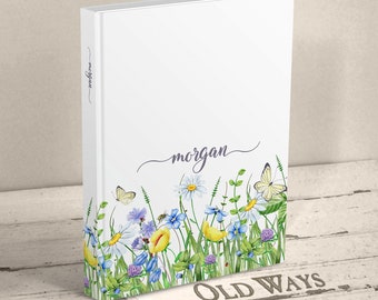 Meadow Writing Journal - Custom Hardcover Blank NoteBook - Wildflowers, Butterflies - Personalized Gift for Girls