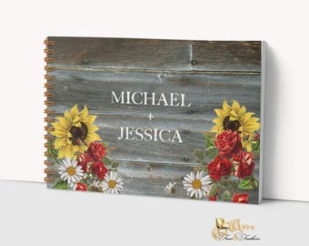 Rose & Sunflower Wedding Guest Book - Rustic Weathered Wood and Floral - RingBound Hardcover