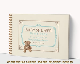 Vintage Teddy Bear Guest Book for a Baby Shower - Personalized Pages - Guest Messages, Gift List - Spiral Bound Hardcover - Color Choices