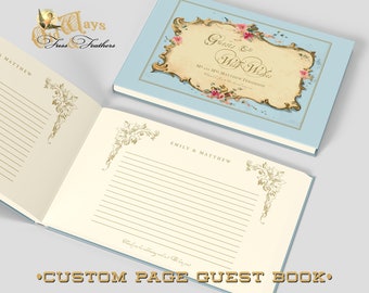 Blue French Vintage Custom Guest Book with Personalized Pages - Antique Style Wedding - Traditional Hard Cover Signing Book