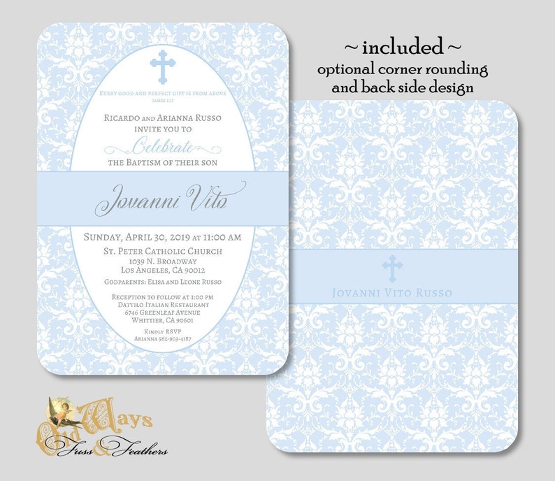 Elegant Christening or Dedication Invitation Printed Baby Boy Baptism Invitations in Blue and White Damask Custom Invites with Envelopes