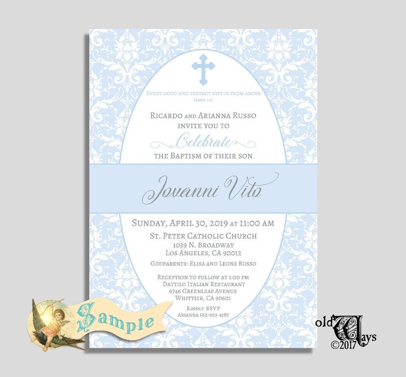Elegant Christening or Dedication Invitation Printed Baby Boy Baptism Invitations in Blue and White Damask Custom Invites with Envelopes