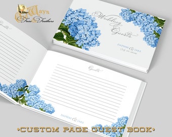 Blue Hydrangea Custom Page Wedding Guest Book - Floral Hardcover Traditional Guest Signing Book Personalized Inside