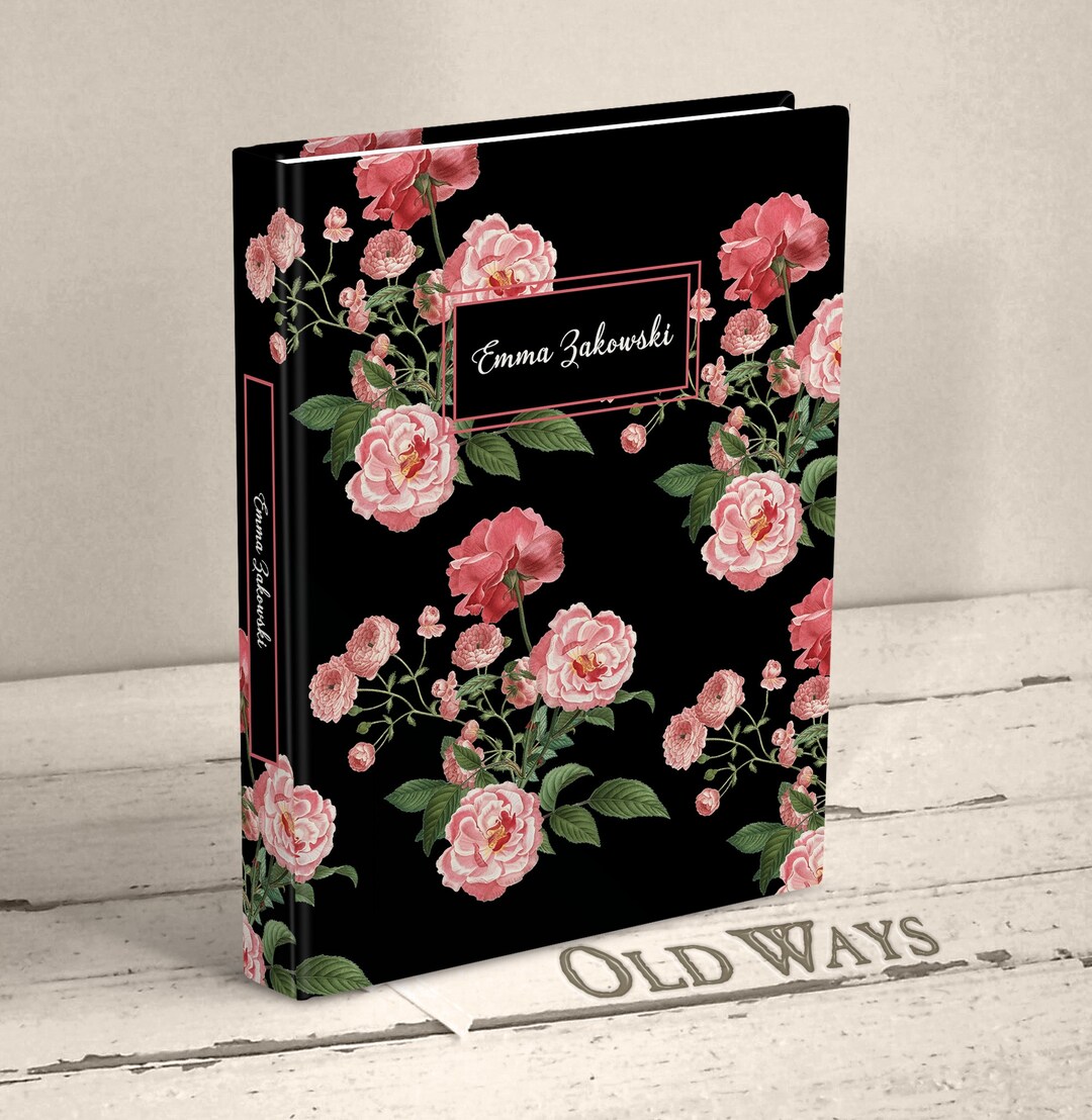 Personalized Journal for Women - Vintage Pink Roses, Black or White ...