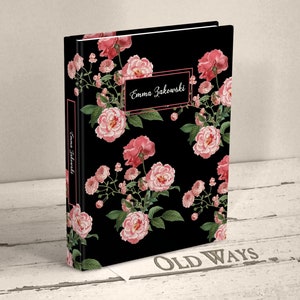 womens hardcover writing journal black cover vintage botanical pink roses personalized name lined pages gift