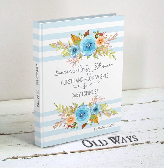 Blue Floral Baby Shower Guest Book Personalized Baby Boy Shower Guest Book Boho Watercolor Flowers Wishes For Baby Guest Sign In Book - 