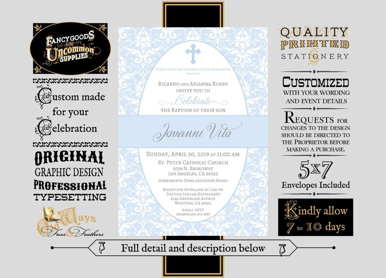 Elegant Christening or Dedication Invitation Printed Baby Boy Baptism Invitations in Blue and White Damask Custom Invites with Envelopes