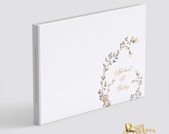 White Wedding Custom Page Guest Book with Elegant Greenery - Personalized Hardcover Horizontal Traditional Guest Sign In Book