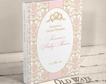 Pink & Gold Bow Baby Shower Guest Book - Personalized Shower Keepsake - Elegant Vintage Damask