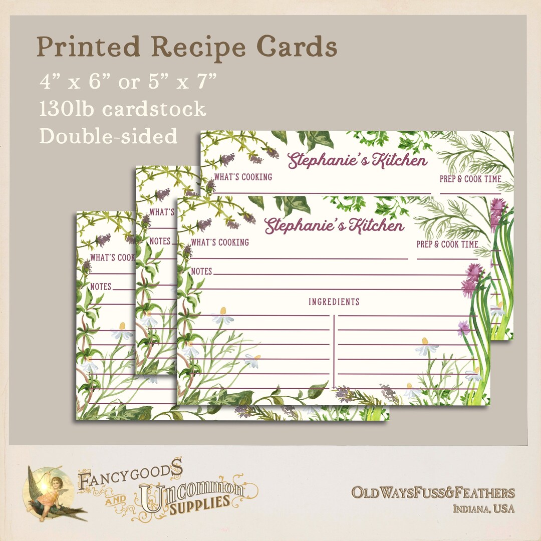 Herb Garden Rustic Recipe Cards Printed 4x6 or 5x7 Custom Cards, Two ...