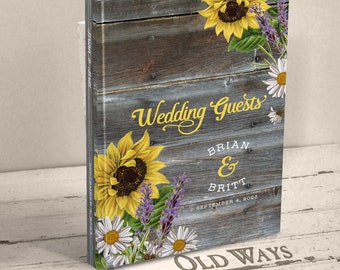 Country Flowers Wedding Guest Book - Sunflowers and Lavender - Traditional Hardcover Personalized Guestbook - Rustic Wood, Yellow and Purple