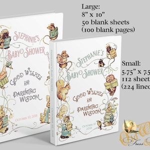 K&ouml;nnte beinhalten: Zwei wei&szlig;e G&auml;steb&uuml;cher mit einem verspielten Design mit Tieren und dem Text "Stephanie's Baby Shower Good Wishes and Parenting Wisdom October 10, 2018". Das gr&ouml;&szlig;ere Buch misst 8 Zoll mal 10 Zoll und hat 50 leere Bl&auml;tter (100 leere Seiten). Das kleinere Buch misst 5,75 Zoll mal 7,5 Zoll und hat 112 Bl&auml;tter (224 linierte Seiten).