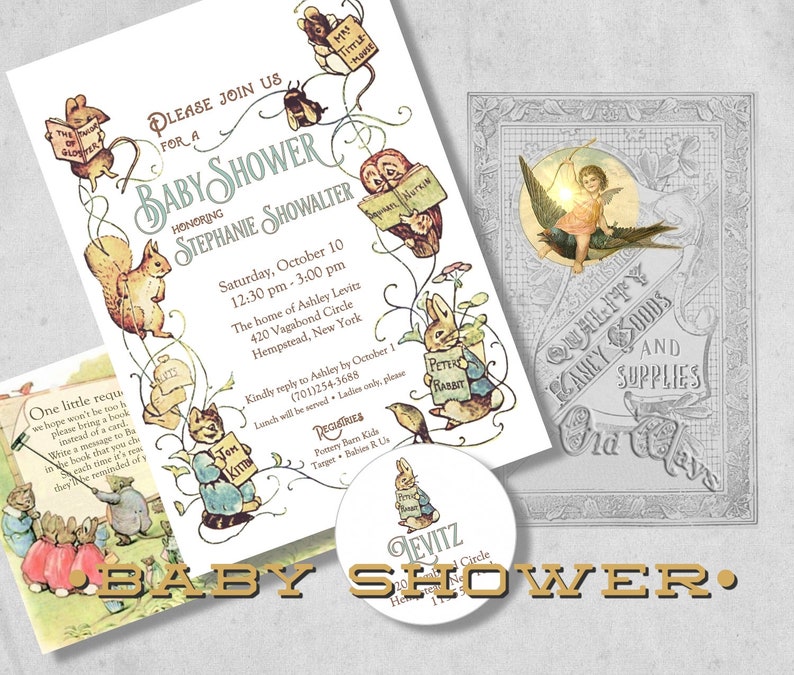 Storybook Baby Shower Guest Book Personalized Vintage Beatrix Potter Wishes for Baby, Advice for Parents Bring a Book Shower image 6