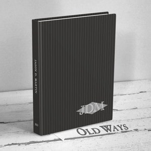hardcover writing journal for men black with grey pinstripe three letter monogram mid-century modern retro vintage