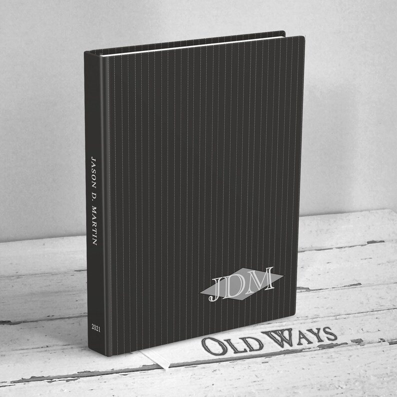 hardcover writing journal for men black with grey pinstripe three letter monogram mid-century modern retro vintage