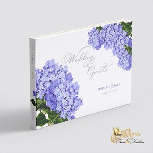 Purple Hydrangea Custom Page Wedding Guest Book - Personalized Pages - Traditional Hardcover Floral Guest Sign In Book