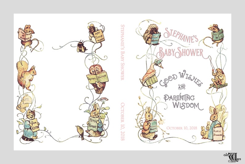 Puede incluir: Una invitaci&oacute;n a un baby shower con un dise&ntilde;o caprichoso que presenta ilustraciones de animales de los libros infantiles de Beatrix Potter. La invitaci&oacute;n est&aacute; decorada con enredaderas florales y el texto "Stephanie's Baby Shower" y "Good Wishes and Parenting Wisdom" con la fecha "October 10, 2018".