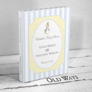 beatrix potter baby shower guest book baby boy blue white stripes yellow accent peter rabbit personalized