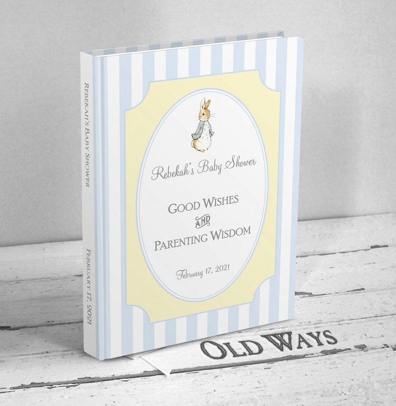 beatrix potter baby shower guest book baby boy blue white stripes yellow accent peter rabbit personalized