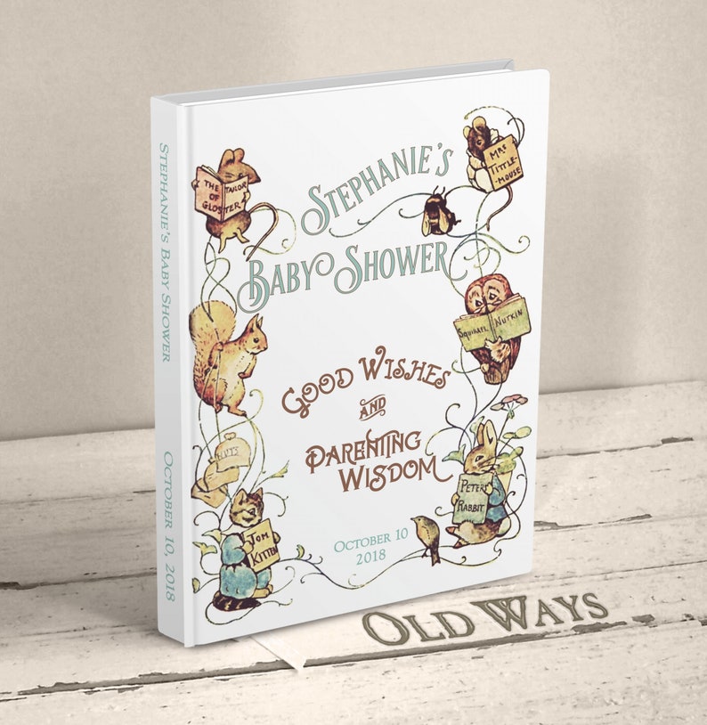 Personalized gender neutral baby shower guest book Beatrix Potter storybook characters original 1903 antique vintage illustration hardcover keepsake