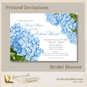Printed Bridal Shower Invitations - Vintage Blue Hydrangea Floral with Envelopes