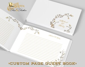 White Wedding Custom Page Guest Book with Elegant Greenery - Personalized Hardcover Horizontal Traditional Guest Sign In Book