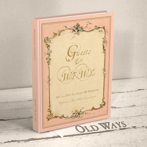 Personalized wedding guestbook in vintage pink antique French ephemera background tiny pink flowers blue green lavender bronze hardcover traditional old book fairytale