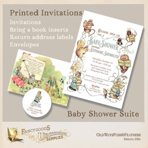 Storybook Baby Shower Invitation Suite - Beatrix Potter Gender Neutral Vintage Invites with Bring A Book Insert & Address Labels