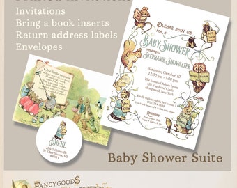 Storybook Baby Shower Invitation Suite - Beatrix Potter Gender Neutral Vintage Invites with Bring A Book Insert & Address Labels