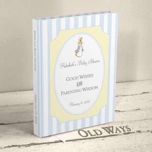 beatrix potter baby shower guest book baby boy blue white stripes yellow accent peter rabbit personalized custom hardcover traditional keepsake