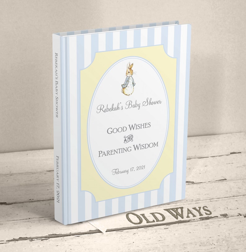 beatrix potter baby shower guest book baby boy blue white stripes yellow accent peter rabbit personalized custom hardcover traditional keepsake