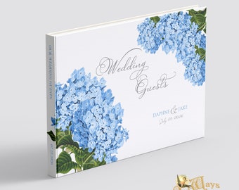 Blue Hydrangea Custom Page Wedding Guest Book - Floral Hardcover Traditional Guest Signing Book Personalized Inside