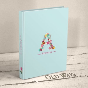 writing journal aqua white teen tween girl hardcover book lined pages monogram initial colorful flowers personalized first name 10 11 12 13 14 year old gift