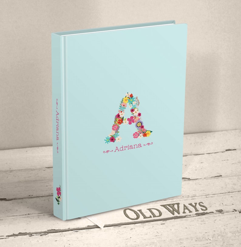 writing journal aqua white teen tween girl hardcover book lined pages monogram initial colorful flowers personalized first name 10 11 12 13 14 year old gift