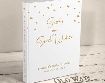 White Baby Shower Guest Book with Stars - Gender Neutral Personalized Shower Keepsake
