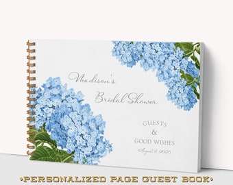 Blue Bridal Shower Custom Page Guest Book - Hydrangea Flowers - Guest Messages, Gift List, Photos - Lay Flat Hardcover Ring Bound